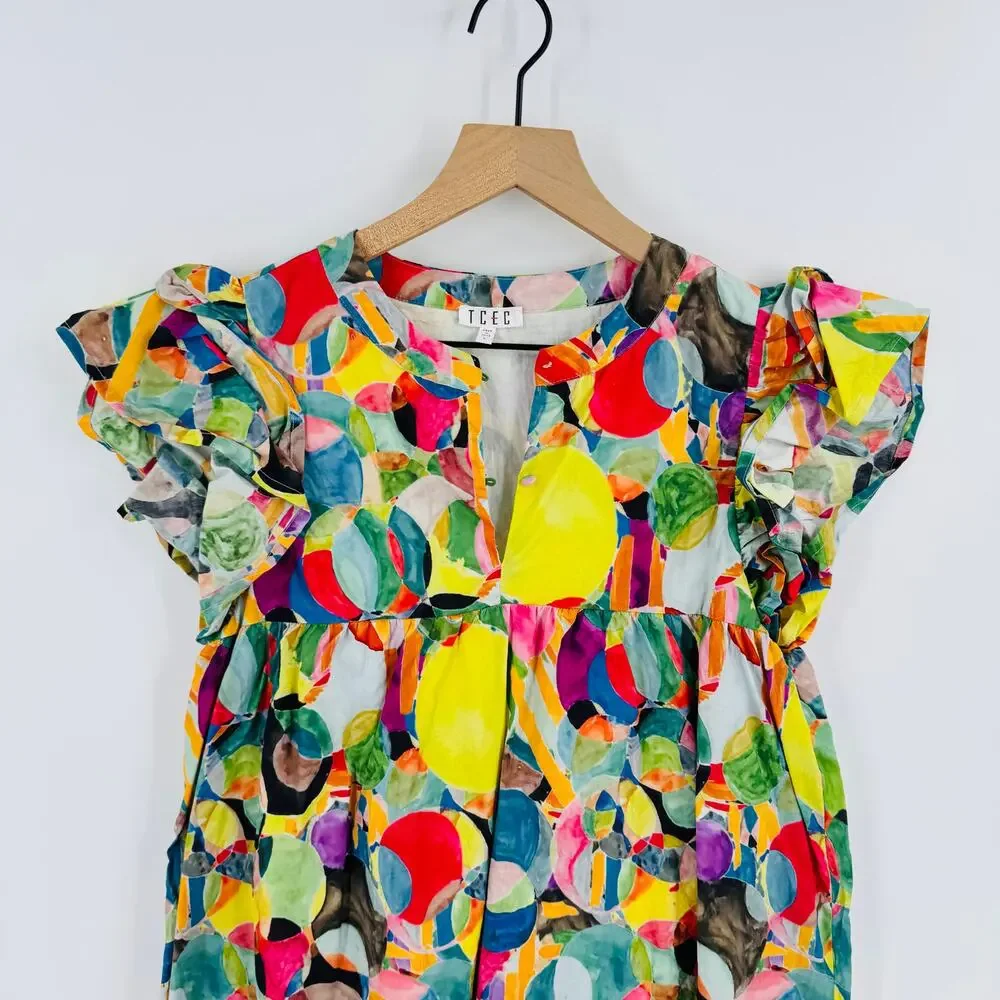 TCEC Vibrant Abstract A-Line Cotton Dress Colorful Tiered Mini Ruffle Size L - Picture 4 of 9